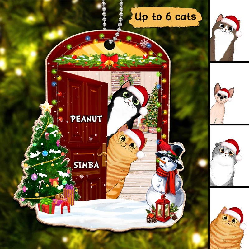 Christmas Opened Door Peeking Cats Personalized Wooden Ornament - Image 3