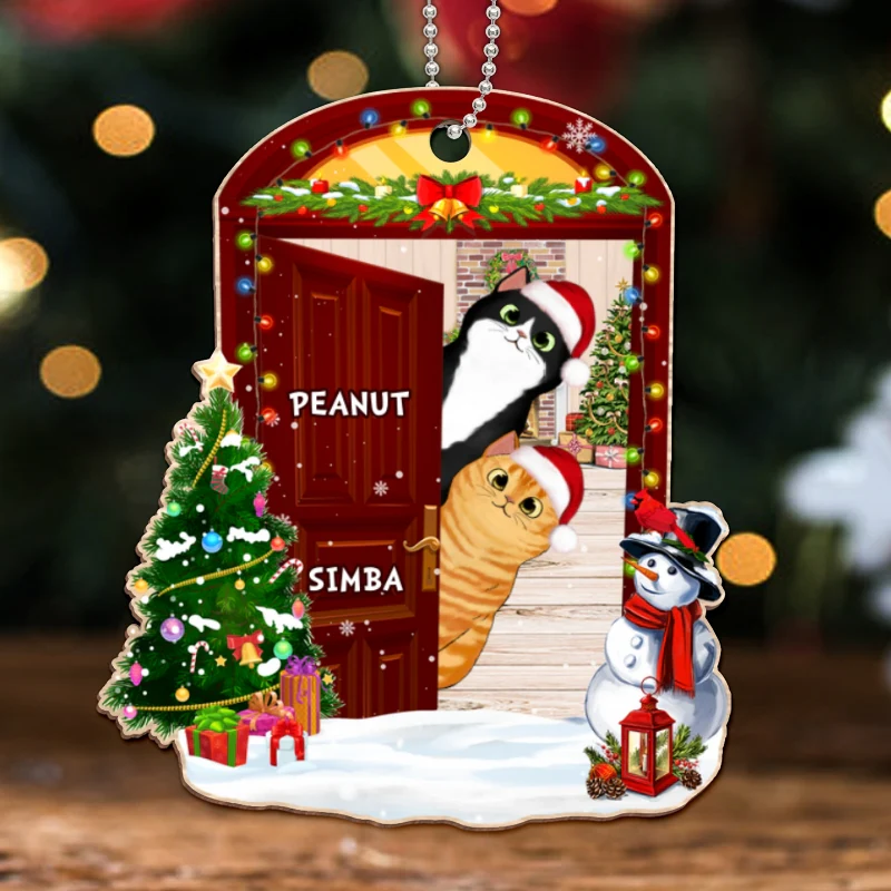 Christmas Opened Door Peeking Cats Personalized Wooden Ornament - Image 4