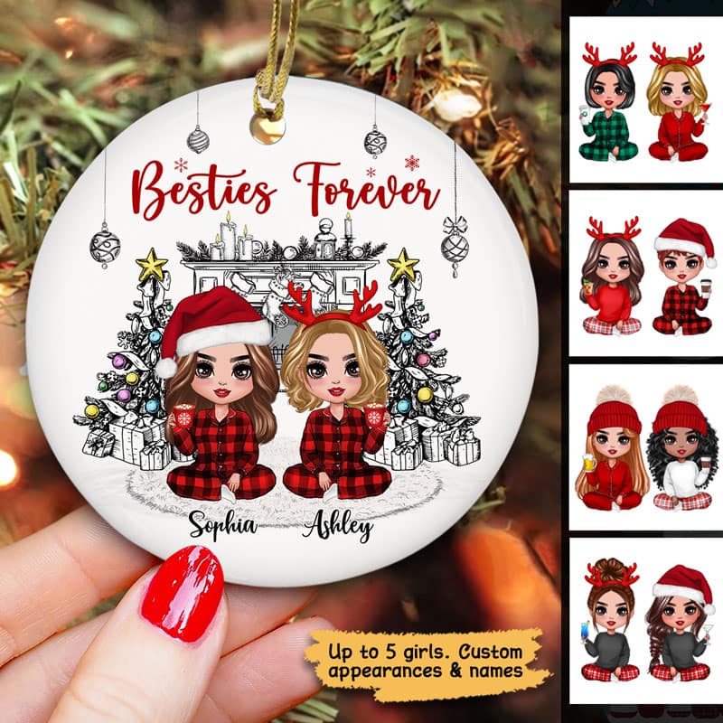 Christmas Outline Background Doll Besties Sisters Personalized Circle Ornament - Image 2