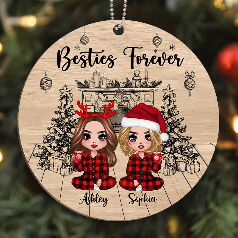 Christmas Outline Background Doll Besties Sisters Personalized Wooden Ornament