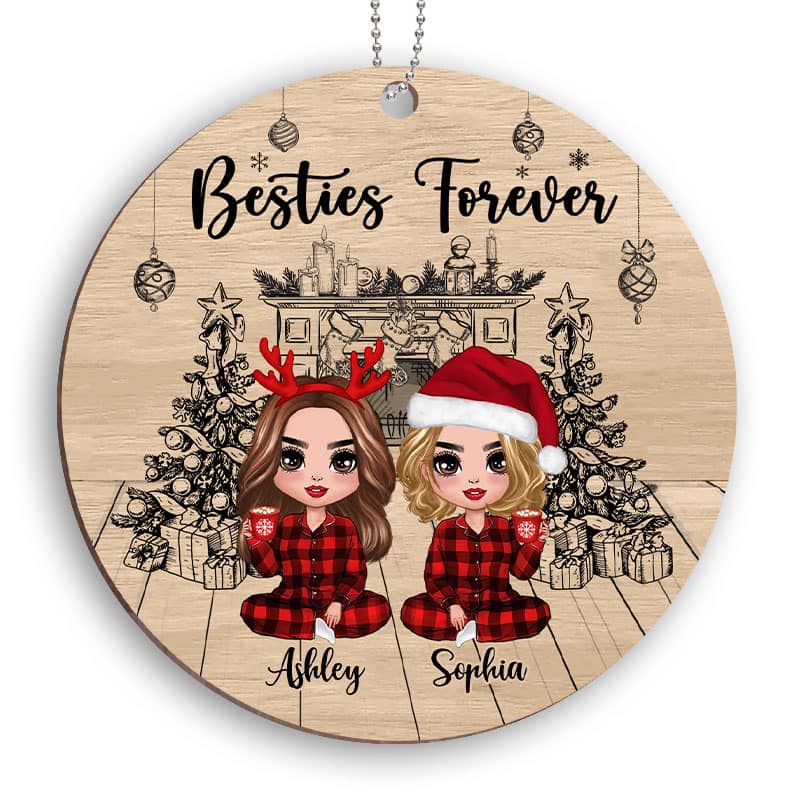 Christmas Outline Background Doll Besties Sisters Personalized Wooden Ornament - Image 2