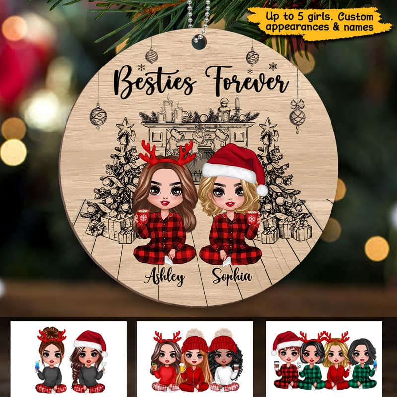 Christmas Outline Background Doll Besties Sisters Personalized Wooden Ornament - Image 3