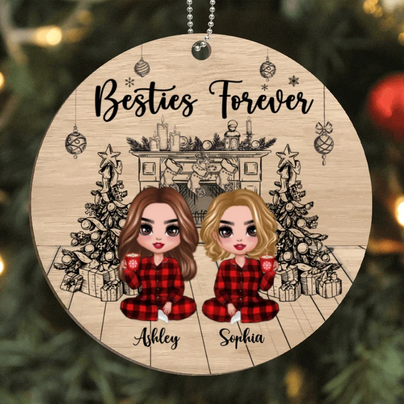 Christmas Outline Background Doll Besties Sisters Personalized Wooden Ornament - Image 4