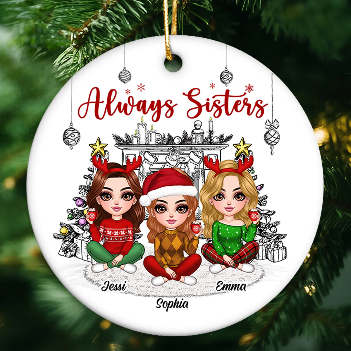 Christmas Outline Background Lovely Besties Personalized Ceramic Ornament