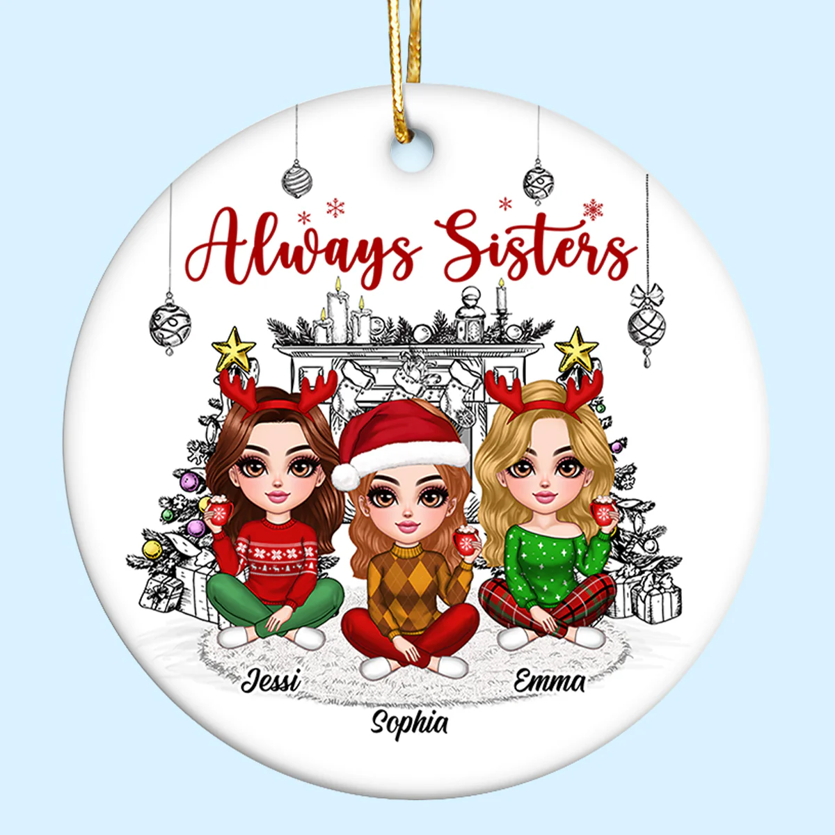 Christmas Outline Background Lovely Besties Personalized Ceramic Ornament - Image 2