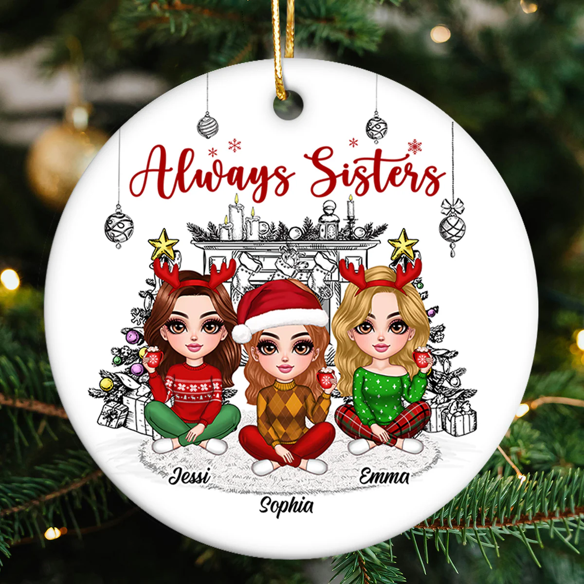 Christmas Outline Background Lovely Besties Personalized Ceramic Ornament - Image 3
