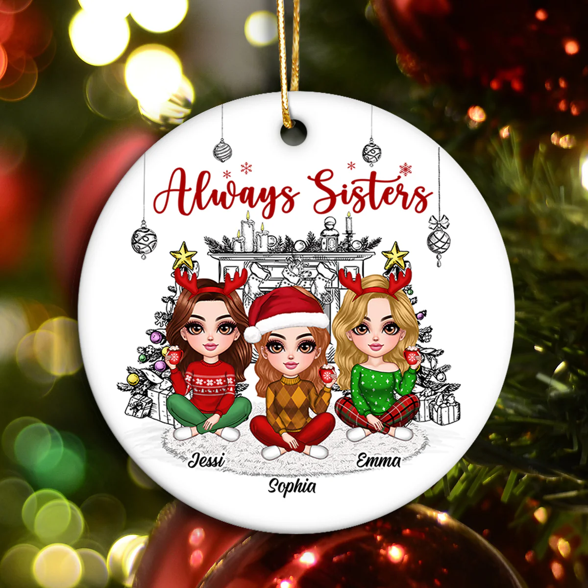Christmas Outline Background Lovely Besties Personalized Ceramic Ornament - Image 4