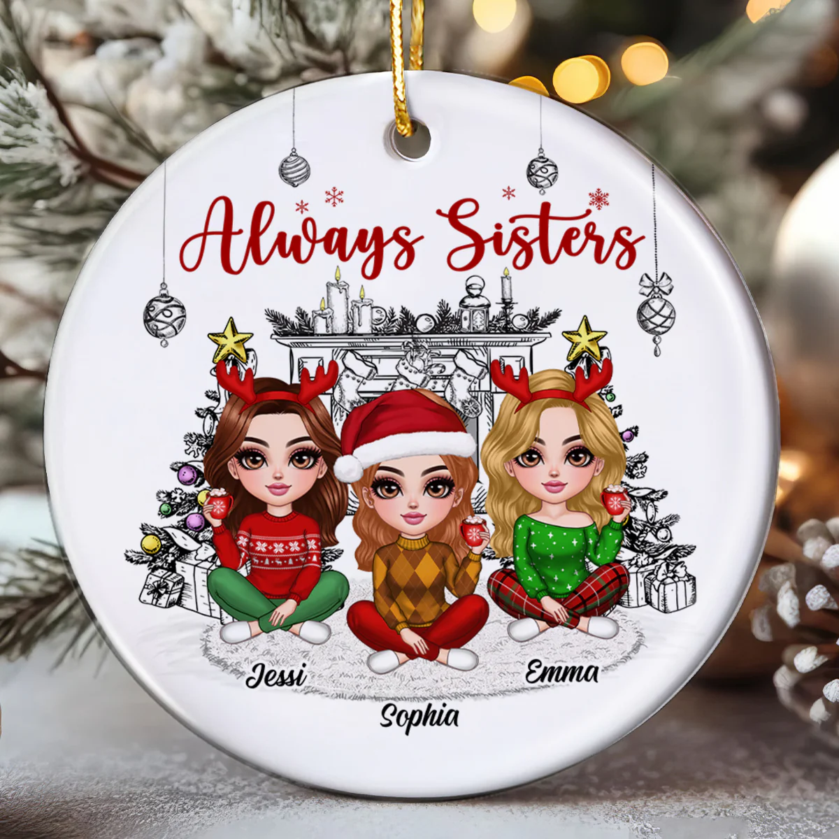 Christmas Outline Background Lovely Besties Personalized Ceramic Ornament - Image 5
