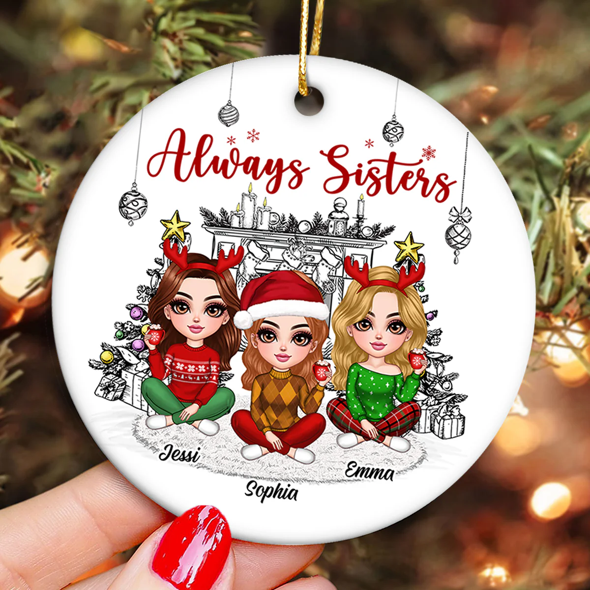 Christmas Outline Background Lovely Besties Personalized Ceramic Ornament - Image 6