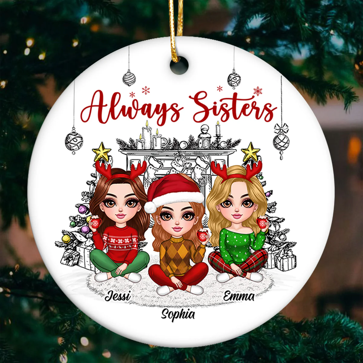 Christmas Outline Background Lovely Besties Personalized Ceramic Ornament - Image 7