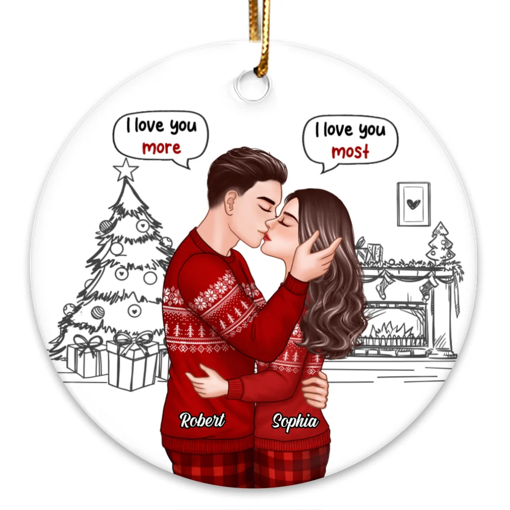 Christmas Outline Romantic Doll Couple Kissing I Love You More Most Personalized Circle Ornament - Image 6