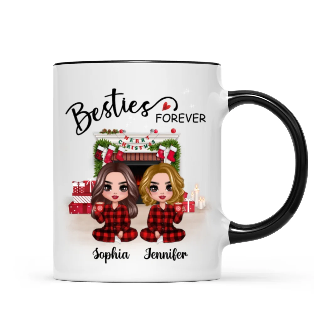 Christmas Pajamas Doll Besties Sisters Sitting At Fireplace Personalized Mug - Image 2
