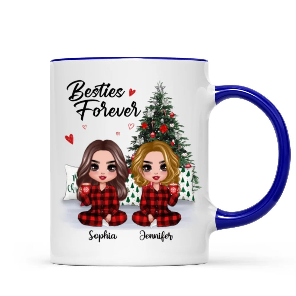 Christmas Pajamas Doll Besties Sisters Sitting Beside Christmas Tree Personalized Mug - Image 3