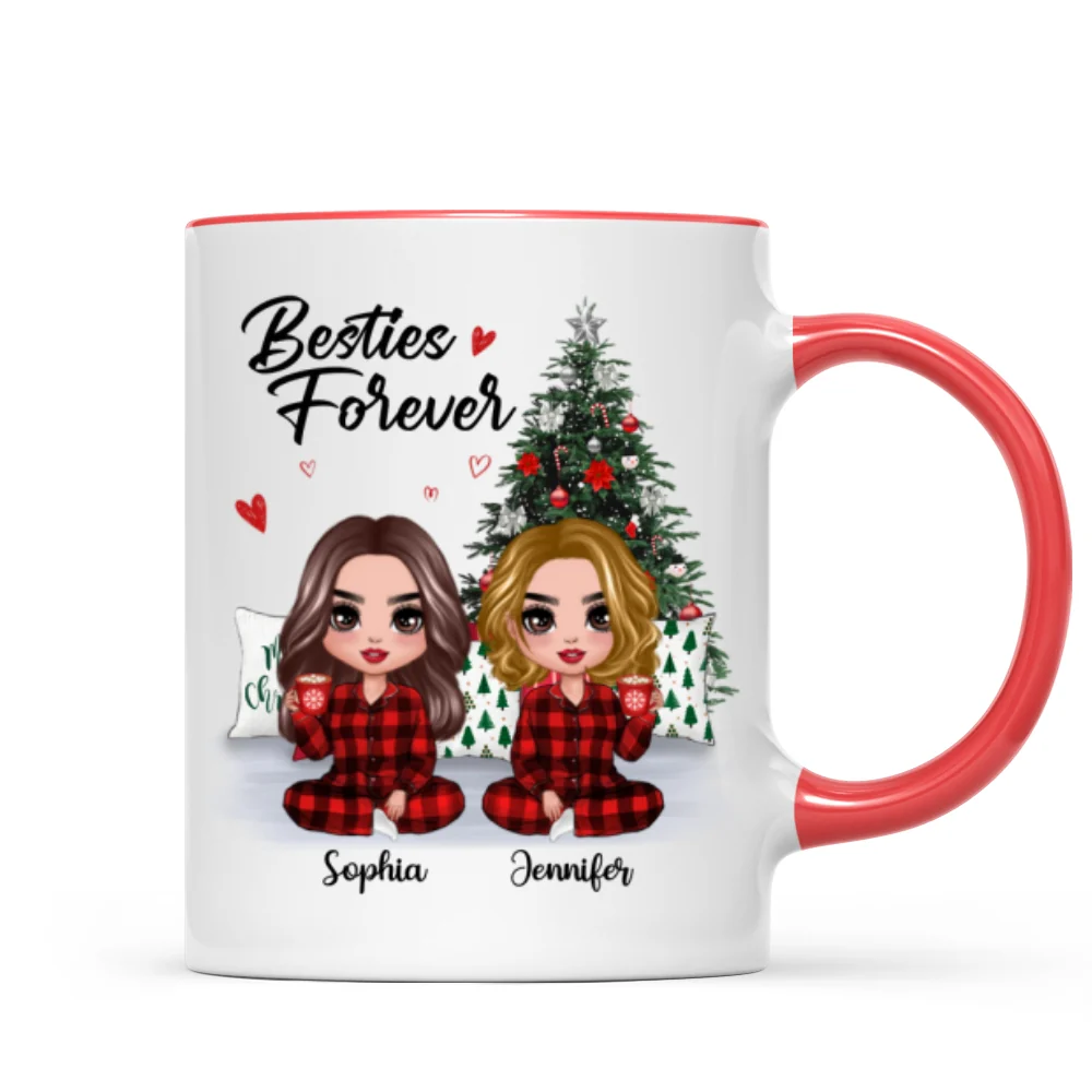 Christmas Pajamas Doll Besties Sisters Sitting Beside Christmas Tree Personalized Mug - Image 4
