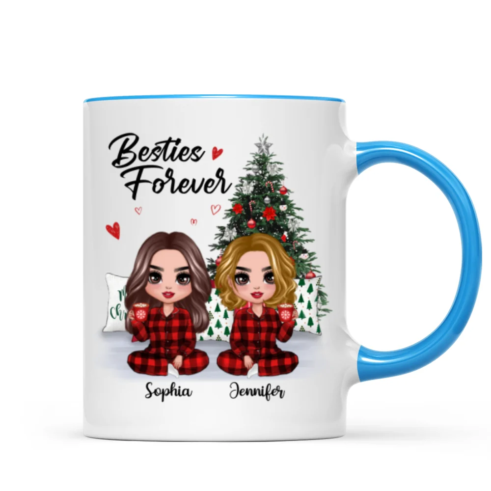 Christmas Pajamas Doll Besties Sisters Sitting Beside Christmas Tree Personalized Mug - Image 5