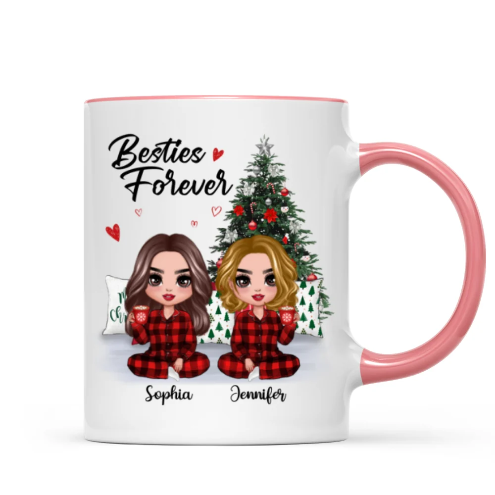 Christmas Pajamas Doll Besties Sisters Sitting Beside Christmas Tree Personalized Mug - Image 6