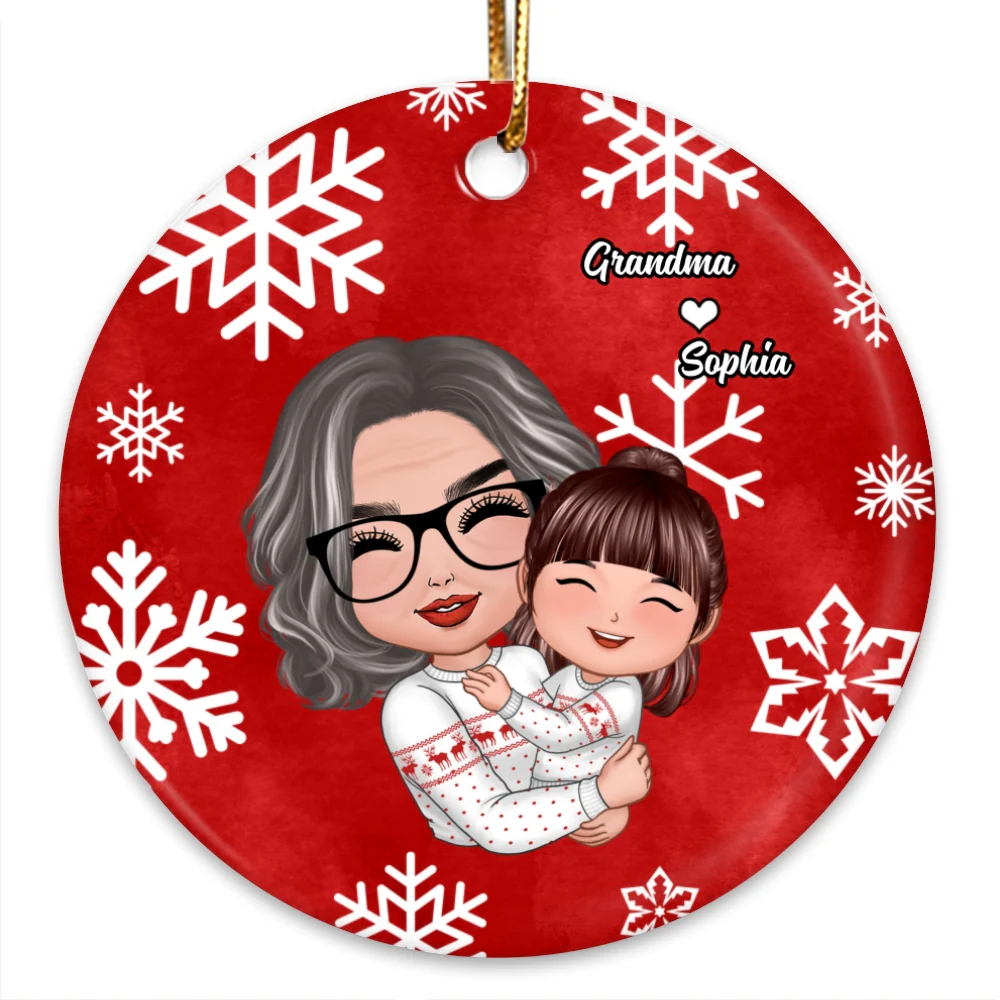 Christmas Pattern Doll Grandma Mom Hugging Kid Gift For Granddaughter Grandson Personalized Circle Ornament - Image 6