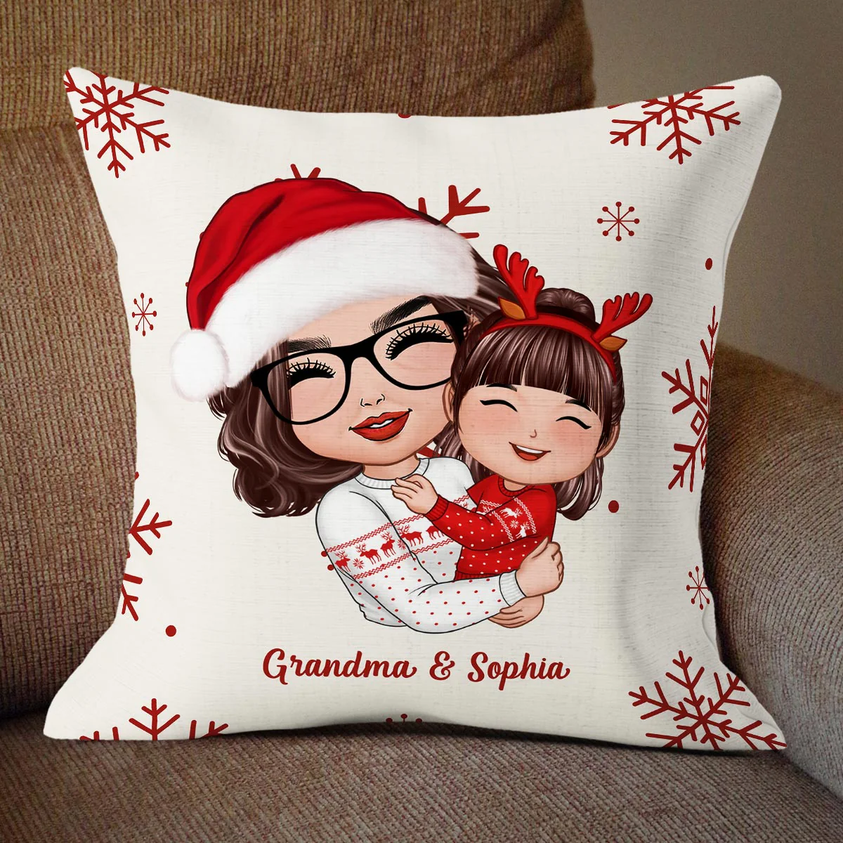 Christmas Pattern Doll Grandma Mom Hugging Kid Gift For Granddaughter Grandson Personalized Pillow - Image 2