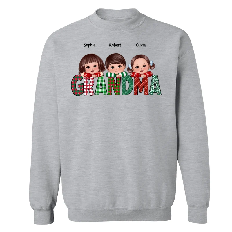 Christmas Pattern Grandma Cute Grandkids Laying Head On Arms Personalized Shirt - Image 18