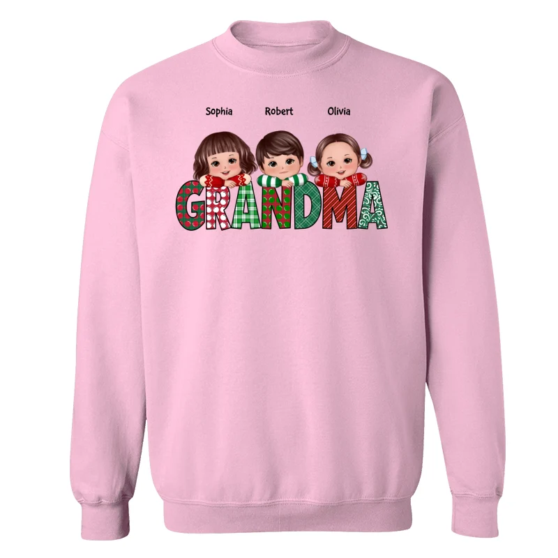 Christmas Pattern Grandma Cute Grandkids Laying Head On Arms Personalized Shirt - Image 19