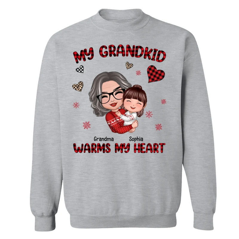 Christmas Patterns Hearts Doll Grandma Hugging Kid My Grandkids Warm My Heart Personalized Shirt - Image 18