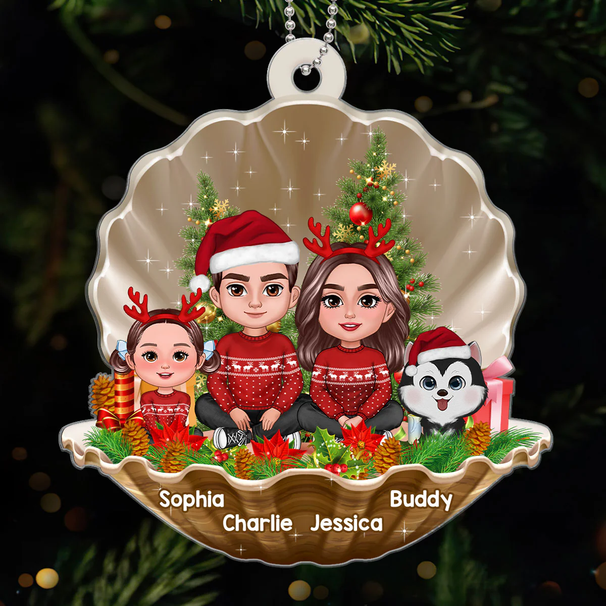 Christmas Pearl Shell Family Sitting Crossed Legs Personalized Acrylic Ornament