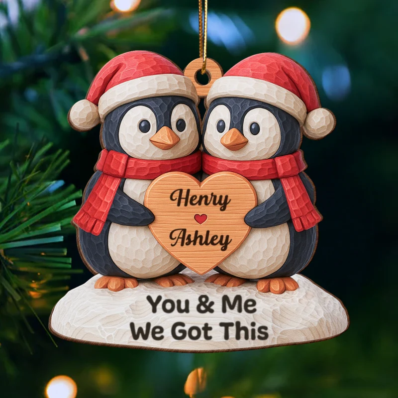 Christmas Penguin Couple - Personalized Wooden Ornament - Christmas Gift for Couple - Image 9