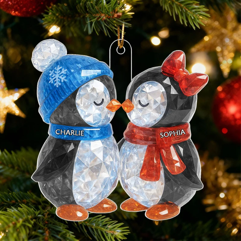 Christmas Penguins Couple 3D Crystal Effect Personalized Acrylic Ornament - Heartwarming Christmas Gift for Couple - Image 10