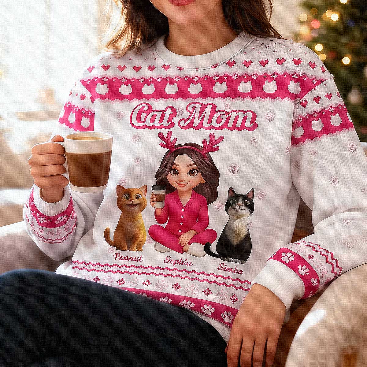 Christmas Pink Tone Cat Mom Faux Knitting Personalized Ugly Sweater - Image 7