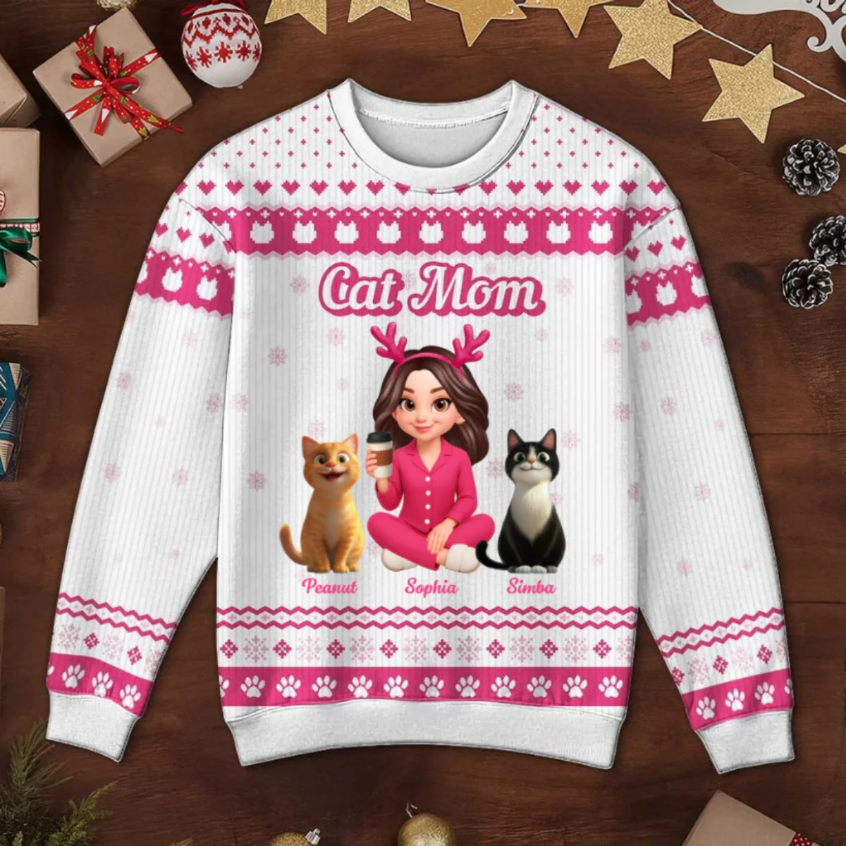 Christmas Pink Tone Cat Mom Faux Knitting Personalized Ugly Sweater - Image 9
