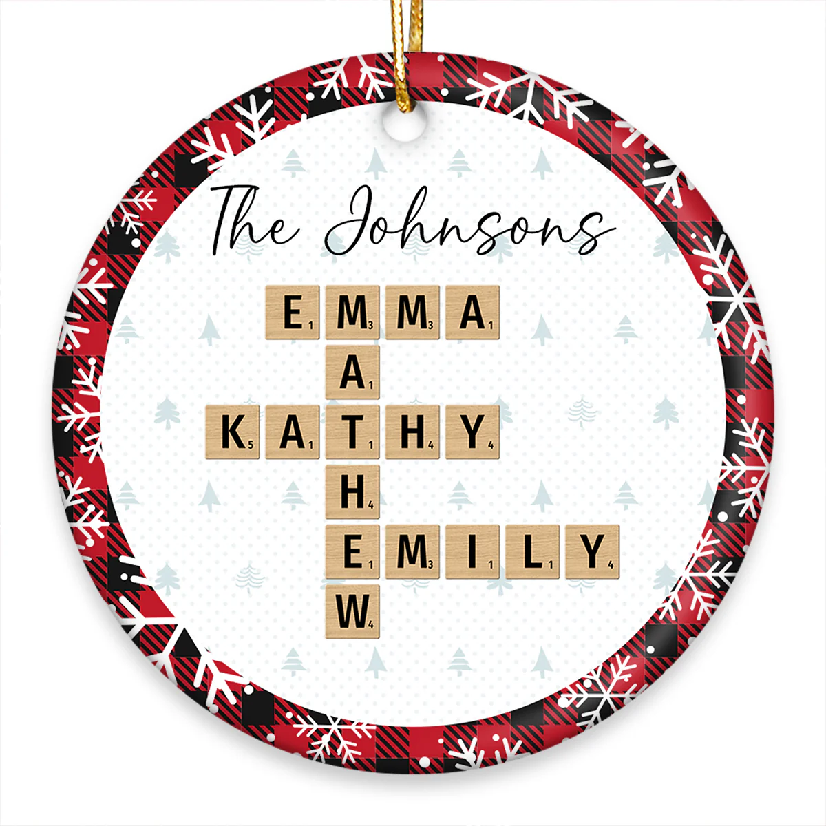 Christmas Plaid Family Crossword Puzzle Art Christmas Decor Personalized Ceramic Ornament - Image 2