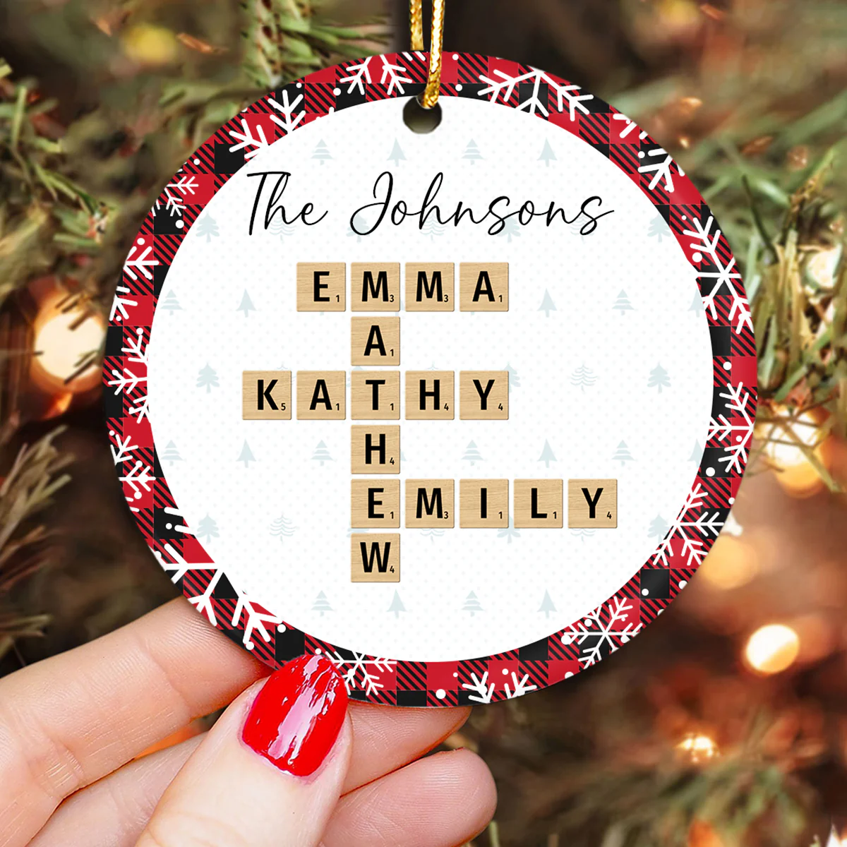 Christmas Plaid Family Crossword Puzzle Art Christmas Decor Personalized Ceramic Ornament - Image 4