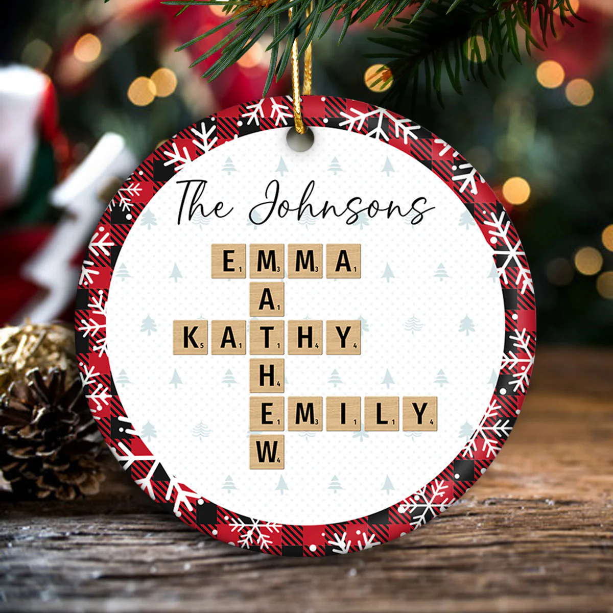Christmas Plaid Family Crossword Puzzle Art Christmas Decor Personalized Ceramic Ornament - Image 7