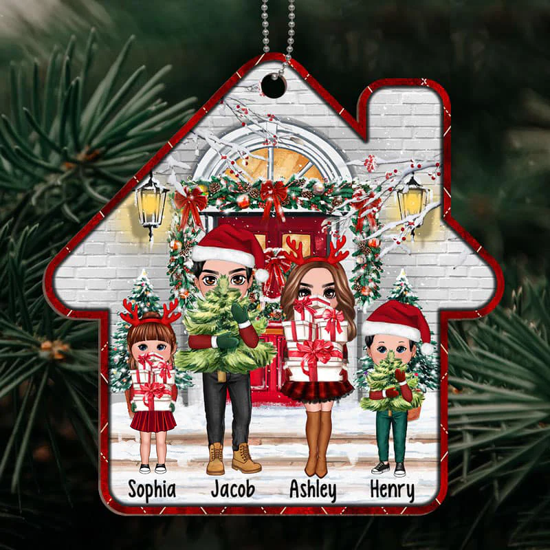 Christmas Pretty Family In Front Porch House Shape Personalized Wooden Ornament - Image 2