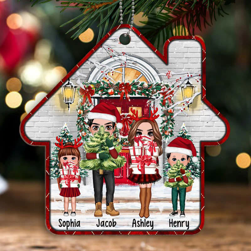 Christmas Pretty Family In Front Porch House Shape Personalized Wooden Ornament - Image 3