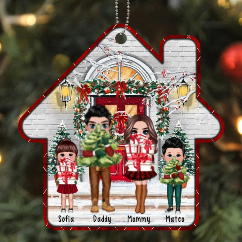 Christmas Pretty Family In Front Porch House Shape Personalized Wooden Ornament - Image 4