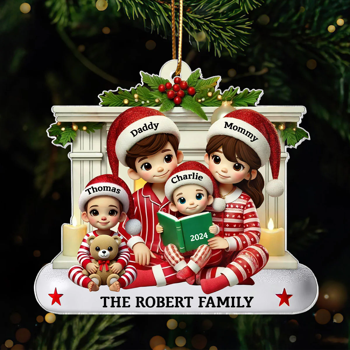 Christmas Pretty Family Reading Story 3D Effect Personalized Acrylic Ornament - Image 2