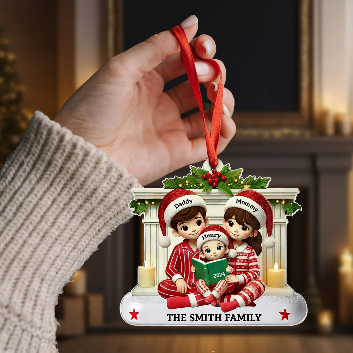 Christmas Pretty Family Reading Story 3D Effect Personalized Acrylic Ornament - Image 3