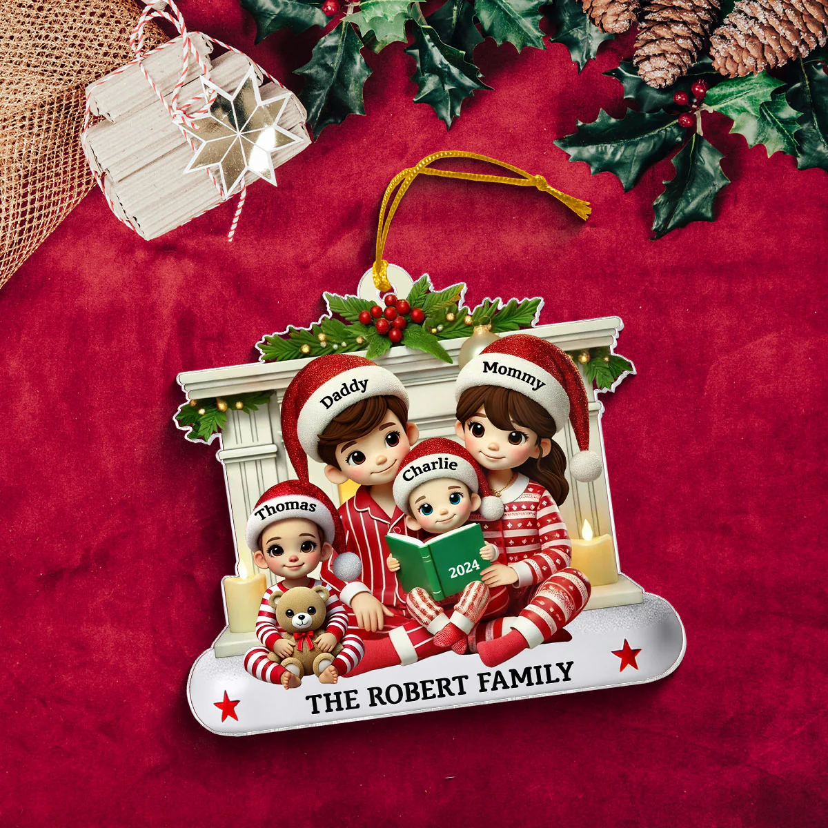 Christmas Pretty Family Reading Story 3D Effect Personalized Acrylic Ornament - Image 4