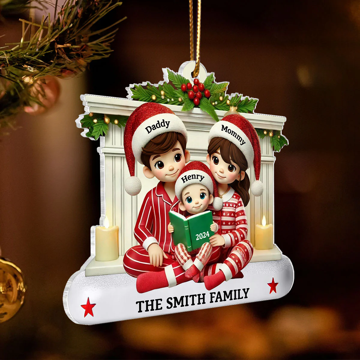 Christmas Pretty Family Reading Story 3D Effect Personalized Acrylic Ornament - Image 6
