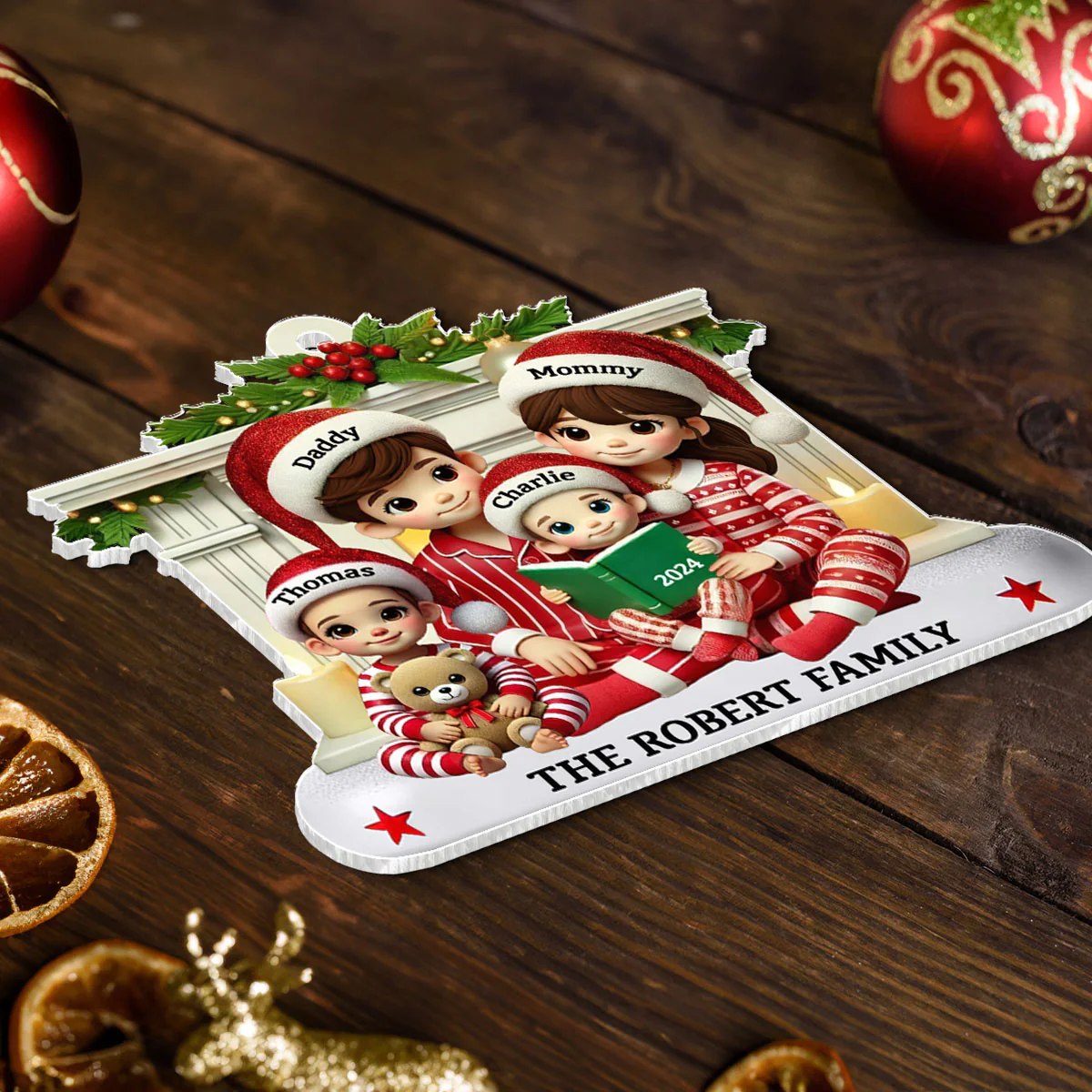 Christmas Pretty Family Reading Story 3D Effect Personalized Acrylic Ornament - Image 7