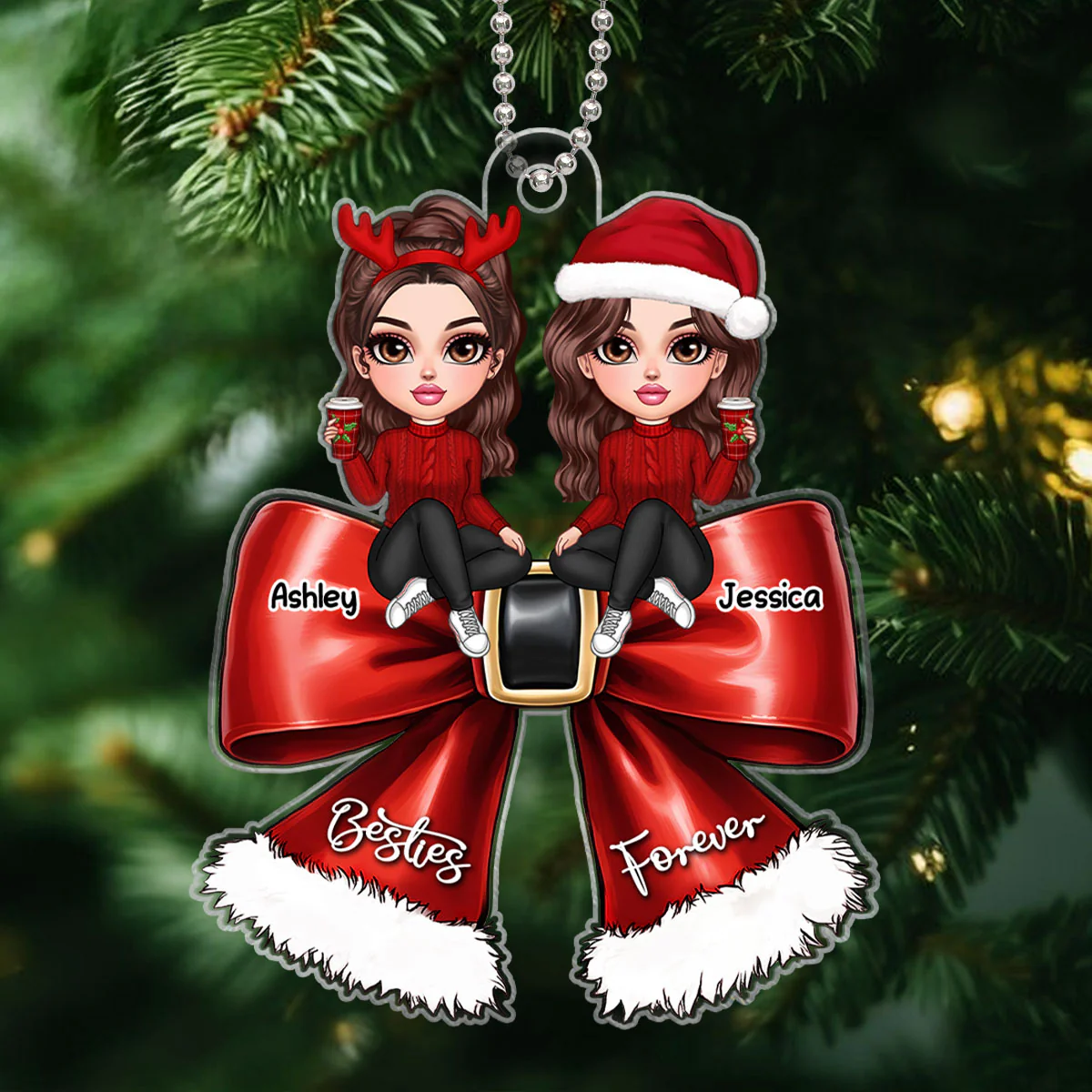 Christmas Red Coquette Bow Best Friends Personalized Acrylic Ornament, Christmas Gift For Besties - Image 2
