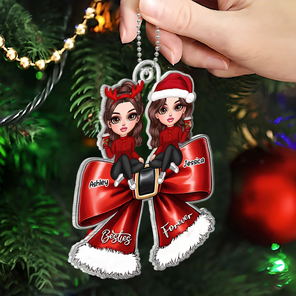 Christmas Red Coquette Bow Best Friends Personalized Acrylic Ornament, Christmas Gift For Besties - Image 3
