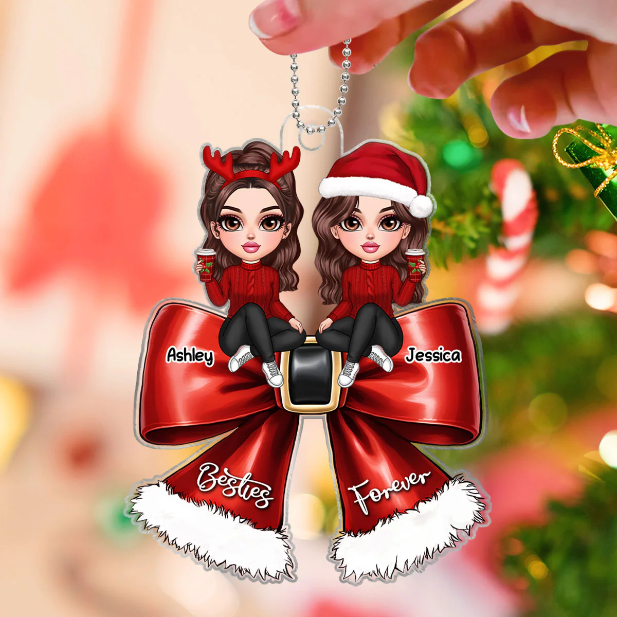 Christmas Red Coquette Bow Best Friends Personalized Acrylic Ornament, Christmas Gift For Besties - Image 4