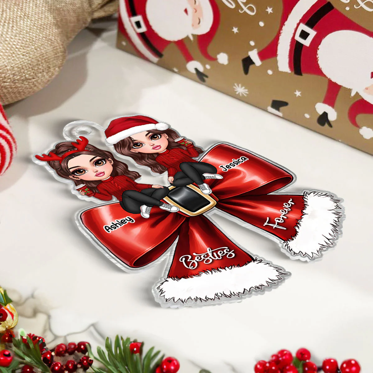 Christmas Red Coquette Bow Best Friends Personalized Acrylic Ornament, Christmas Gift For Besties - Image 5