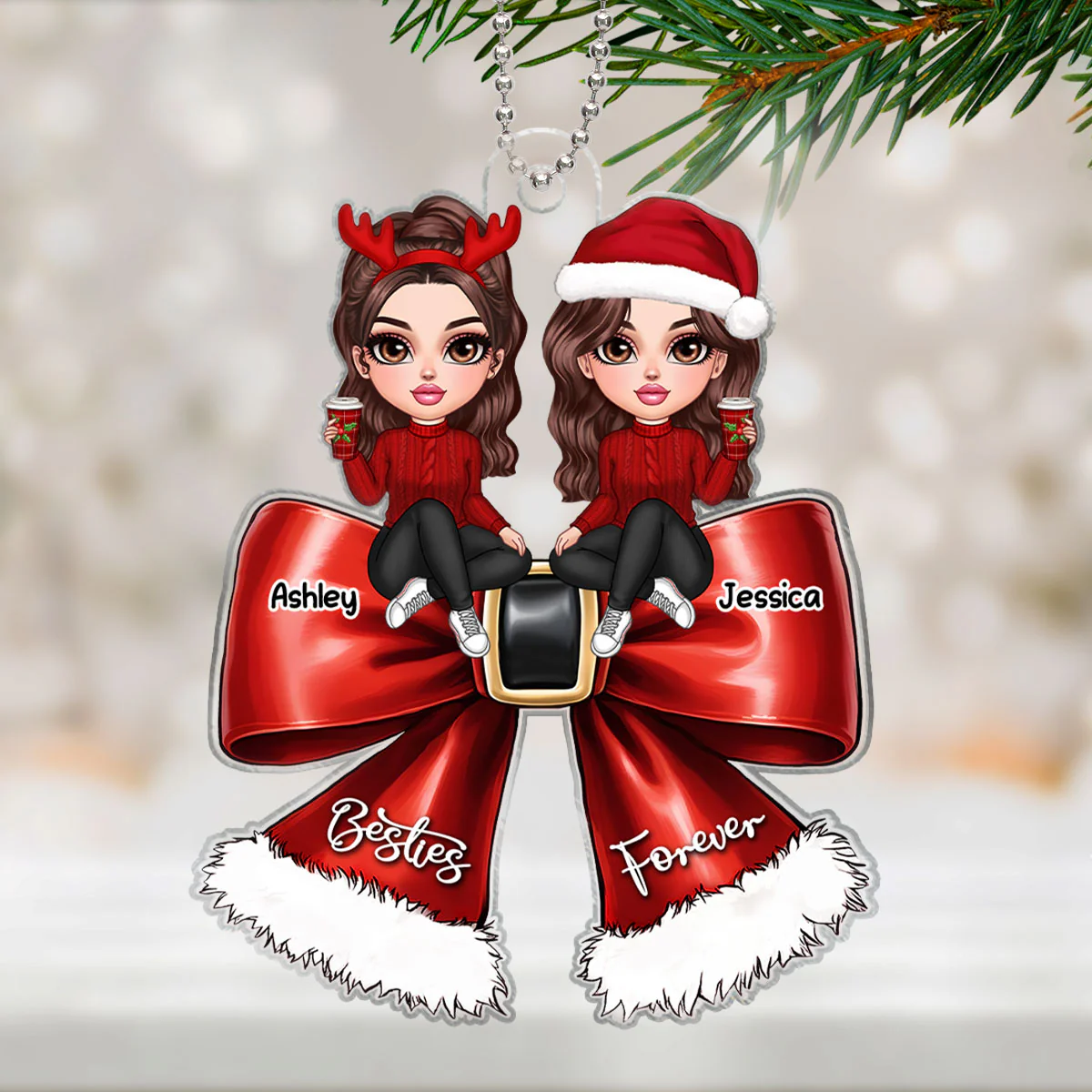 Christmas Red Coquette Bow Best Friends Personalized Acrylic Ornament, Christmas Gift For Besties - Image 7