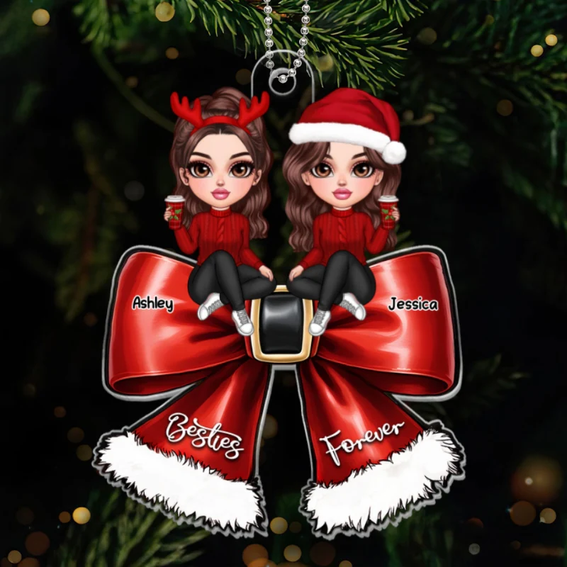 Christmas Red Coquette Bow Best Friends Personalized Acrylic Ornament, Christmas Gift For Besties - Image 8
