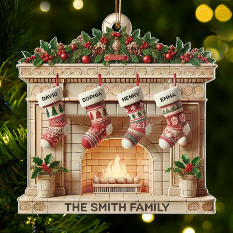 Christmas Retro Fireplace Family Christmas Stockings On Mantel 3D Effect Personalized Acrylic Ornament - Image 9