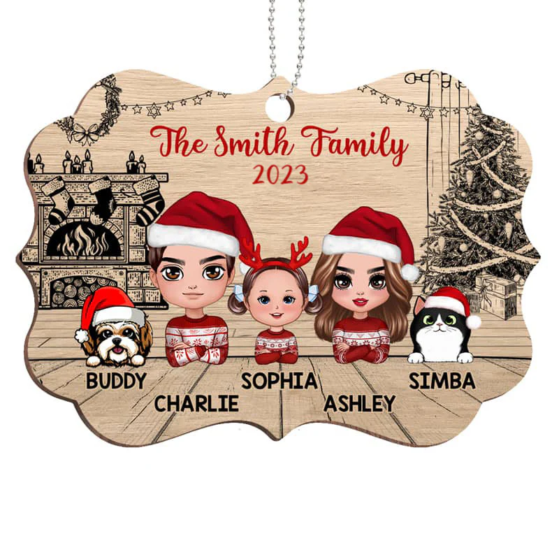 Christmas Sketch Background Family Dad Mom Kids Dogs Cats Personalized Wooden Ornament
