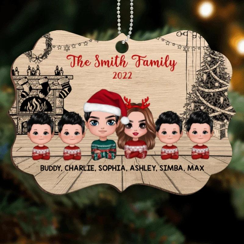 Christmas Sketch Background Family Dad Mom Kids Dogs Cats Personalized Wooden Ornament - Image 2